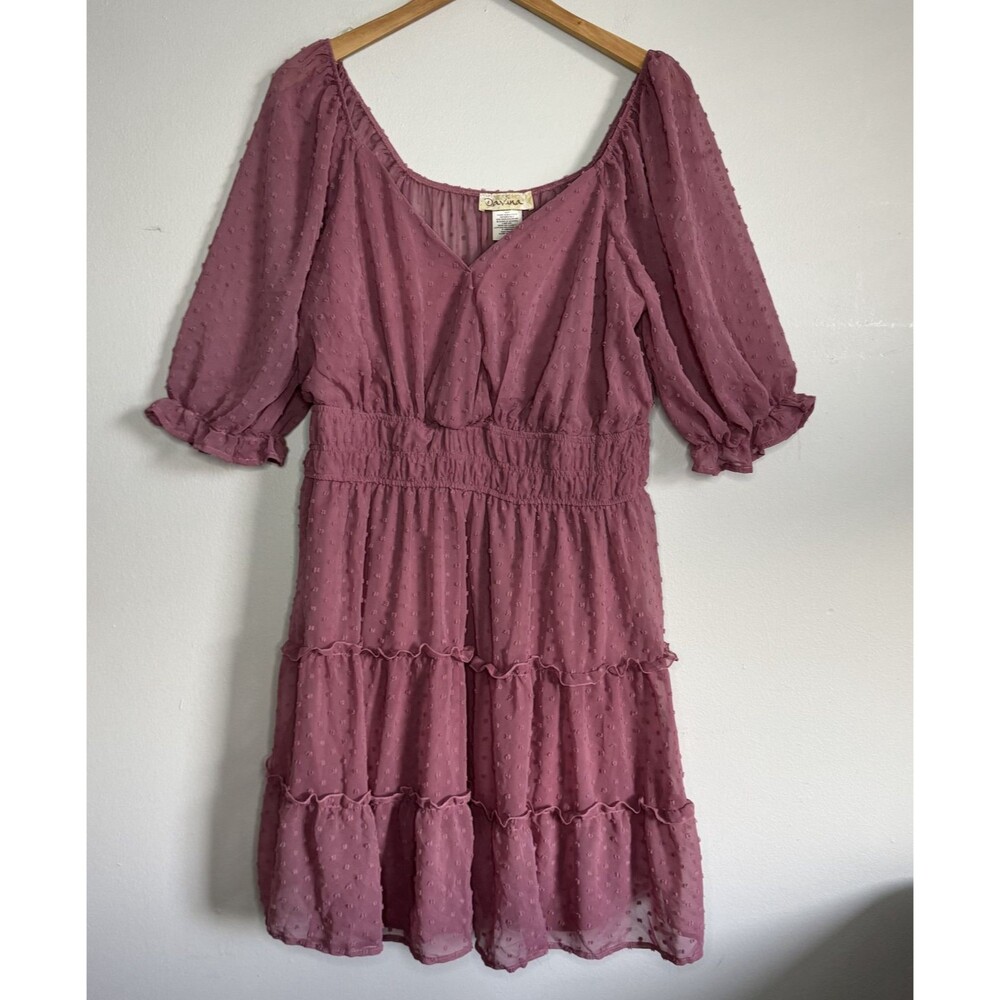 Mauve Coquette Swiss Dot Puff Sleeve Tiered Midi Smocked Dress Plus Size 1X